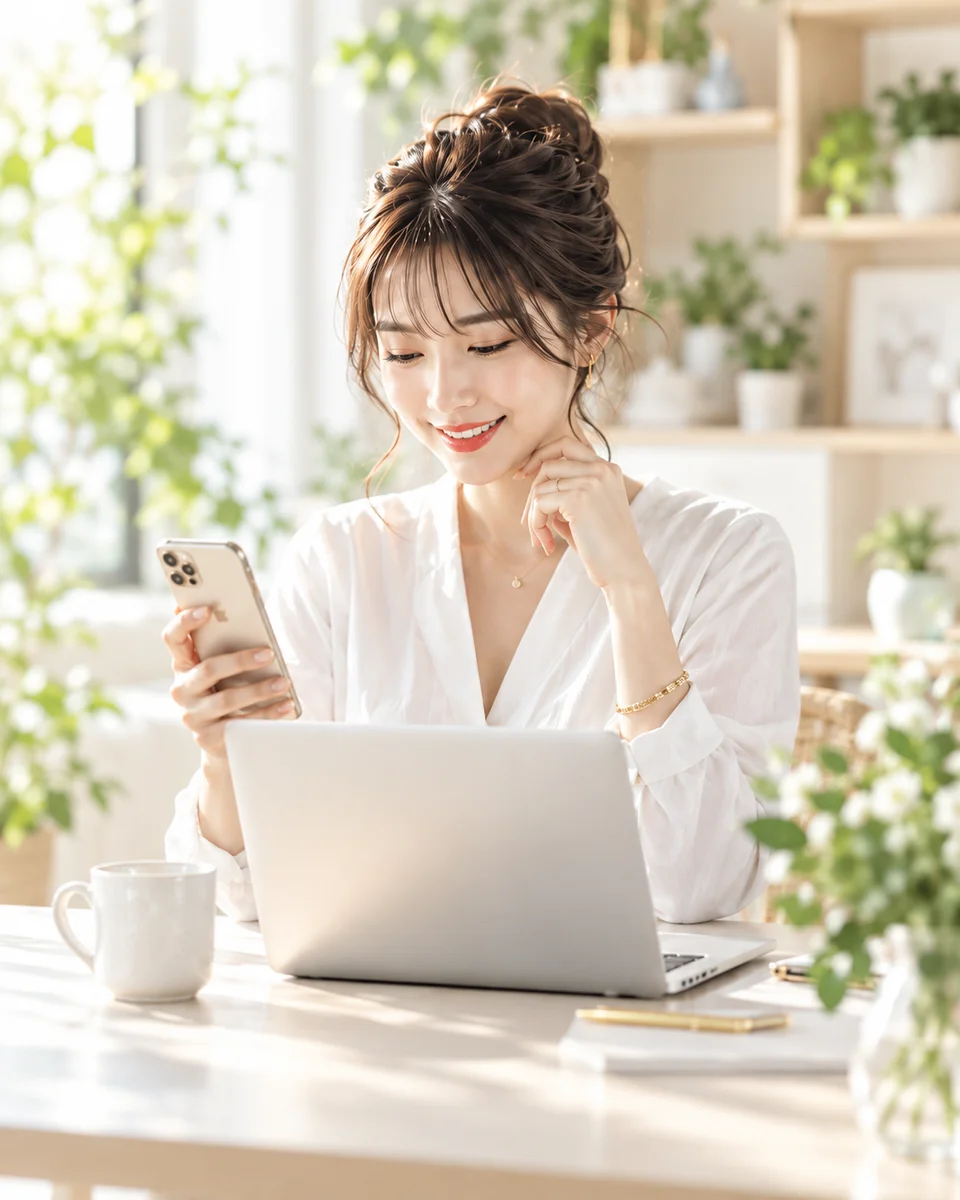 スマートフォンとパソコンでSNS運用に取り組む女性のイメージ